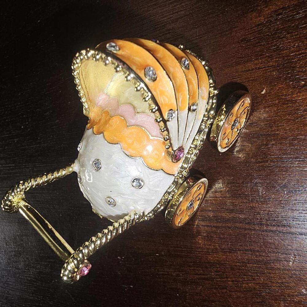 Enamel hinged jeweled trinket box - Baby Stroller Figurine with Rhinestones - Picture 1 of 5